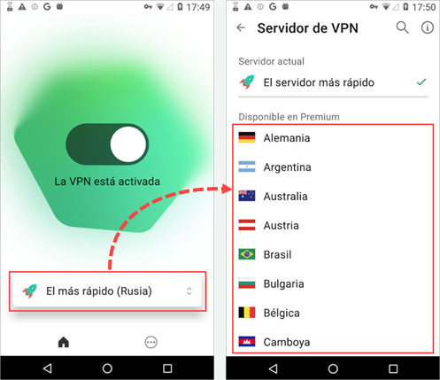 Elegir el país para la conexión en Kaspersky VPN Secure Connection para Android.